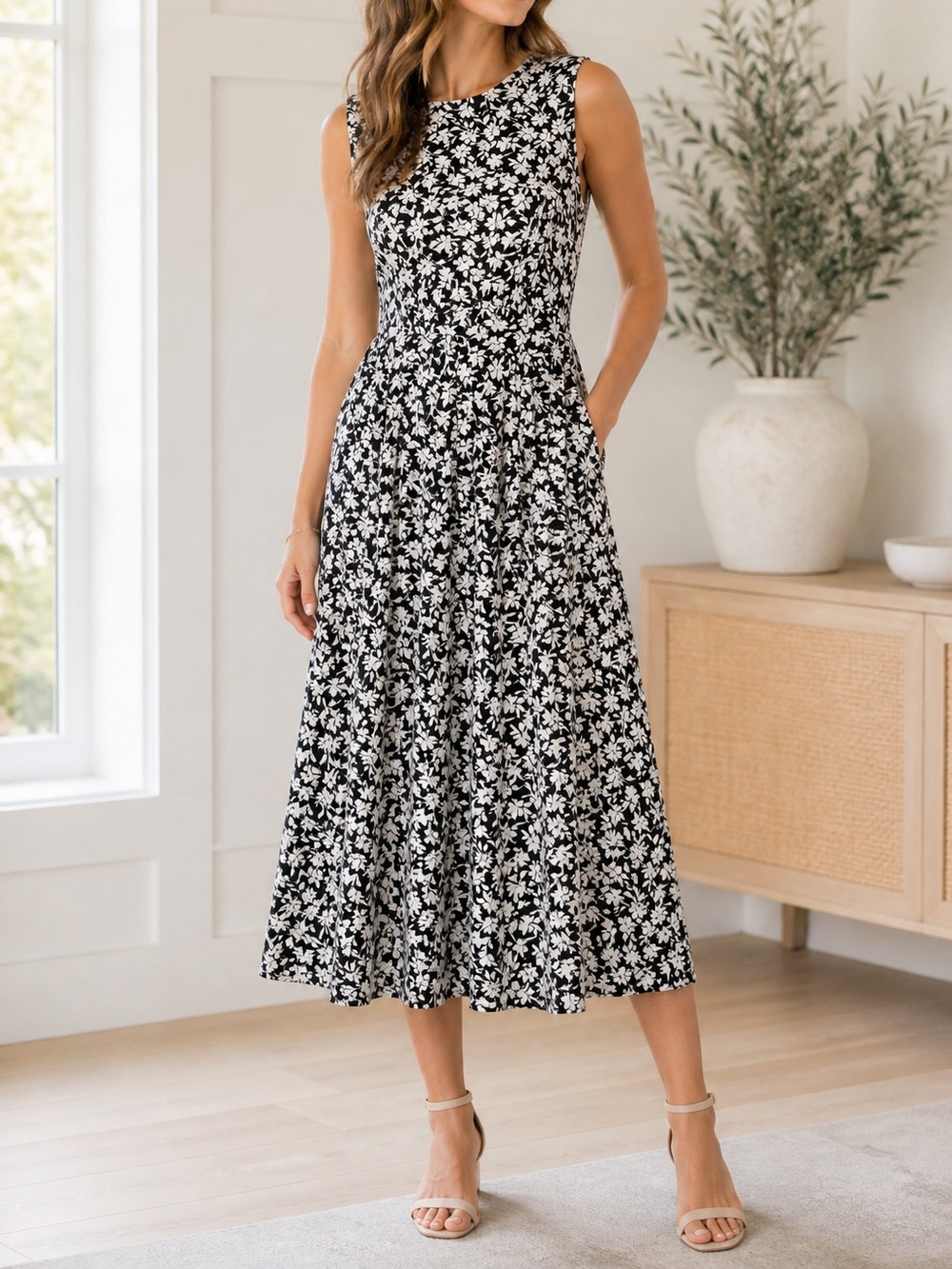 London Times Floral Midi Dress 6 Black White Fit & Flare Sleeveless Classic NWT